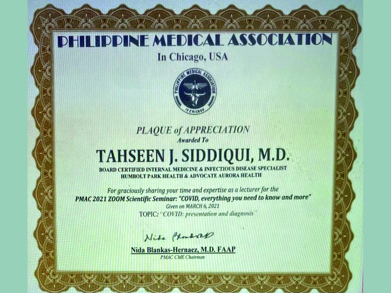 Philippine Medical Association in Chicago — Plaque of Appreciation